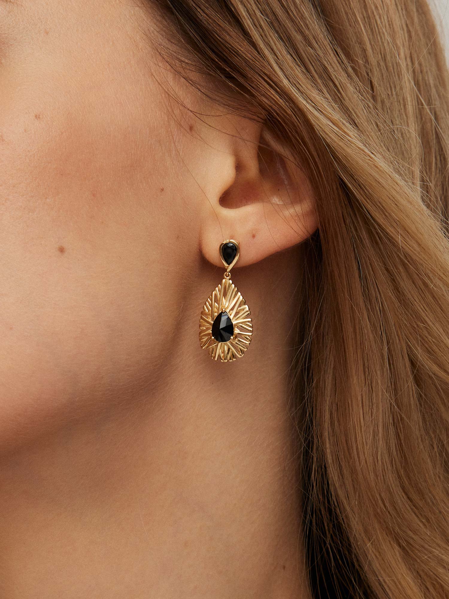 Golden Woven Obsidian Drop Earrings